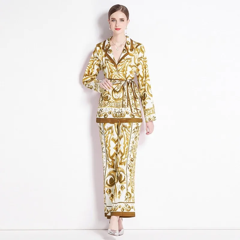 

Fashion Printed Women Two-Piece Set Elegant Suit Collar Shirt Tops+High Waisted Straight Leg Wide Leg Pants Casual Suits