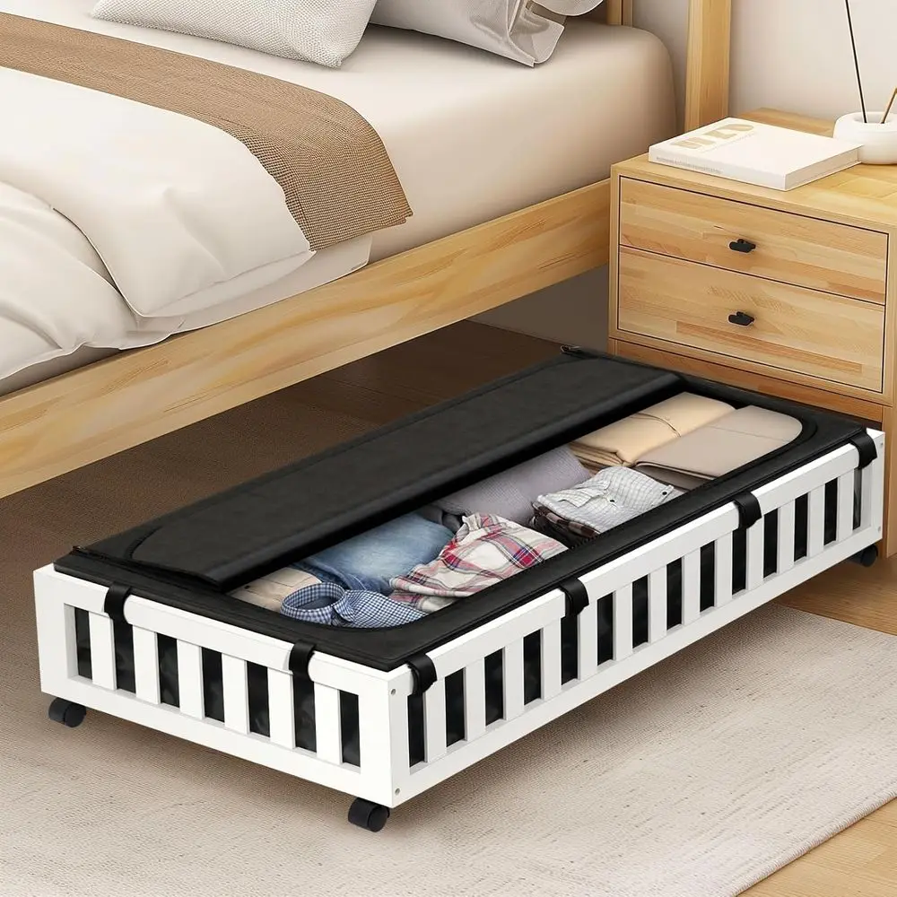 Pojemniki bambusowe na kółkach, 39x20x7,8 Duże pojemniki pod łóżko w kolorze białym