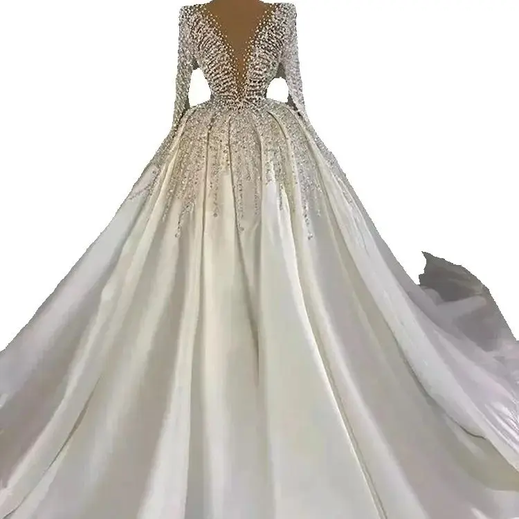 تخصيص الحديثة الخامس الرقبة الساتان فستان الزفاف الثقيلة حبات اللؤلؤ طويلة الأكمام منتفخ الكرة ثوب المملكة العربية السعودية دبي أثواب الزفاف