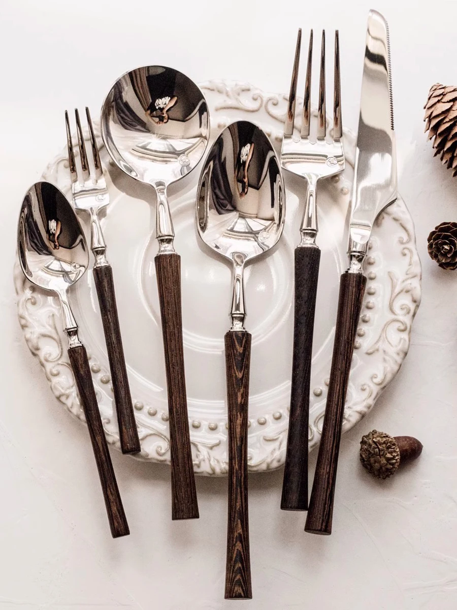 طقم شوكة وملعقة من الفولاذ المقاوم للصدأ 304 من Retro Sle Ins مع مقبض خشبي لتصميم الفواكه والأوساخ خفيف الوزن #3