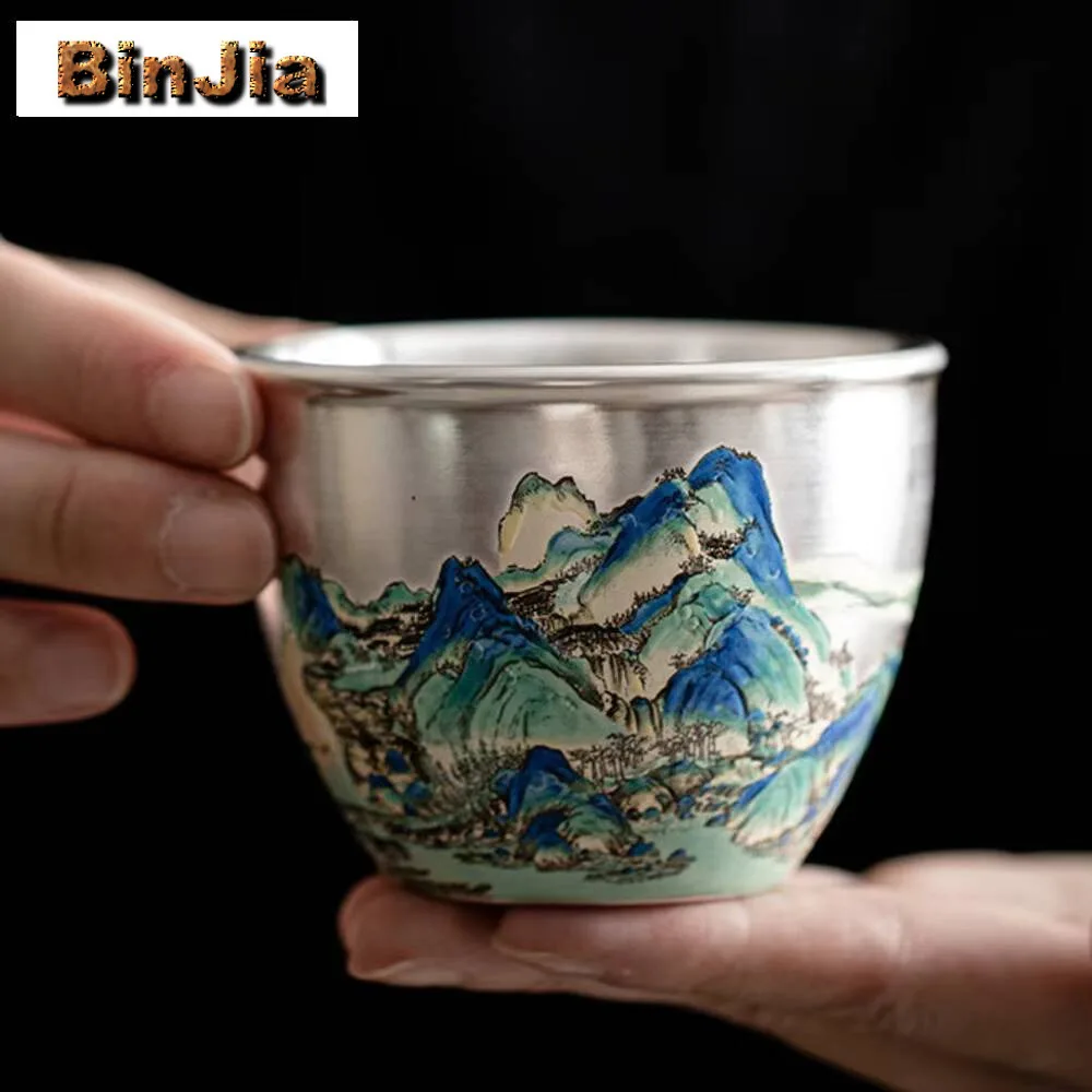 

100 мл позолоченная чашка для чая Handamde Sier, пейзажная керамическая чаша для мастера, китайская чаша пуэр, кружки для кунг-фу, посуда для напитков, подарочная коробка, принадлежности