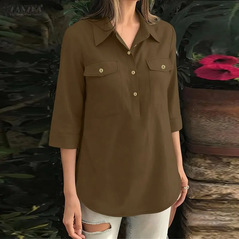 ZANZEA Mode Frauen Hemd Herbst Büro Arbeit Bluse Vintage Revers Hals 3/4 Hülse Tops Frühling Casual Solide Tasten Busas Tunika