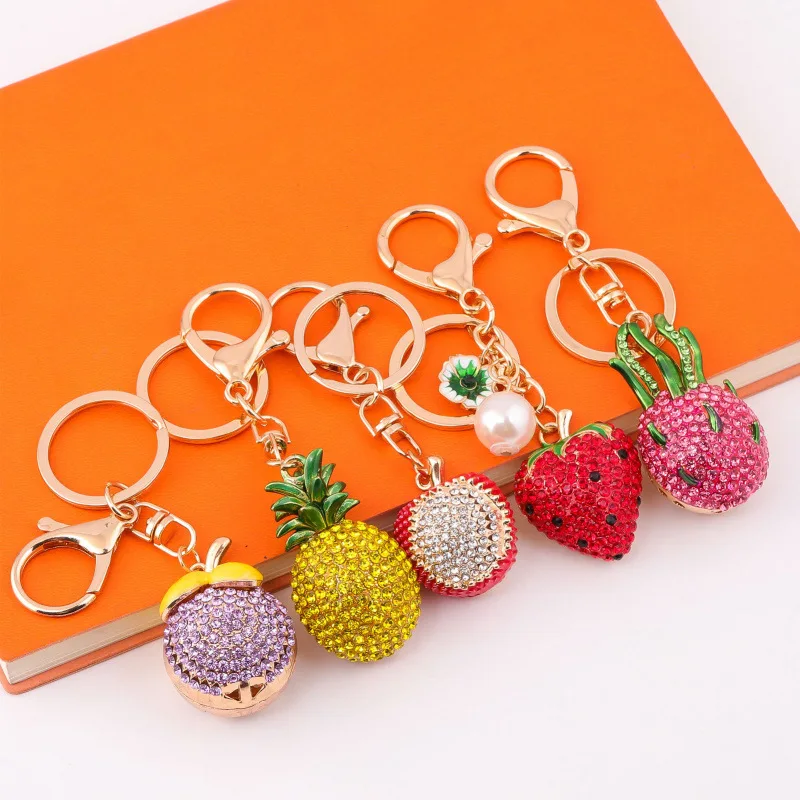 Delicious Crystal Pitaya/litchi/Strawberry/Pineapple/Mangostee Keychain Cute Fruits Cherries Pendant Keyring For Women Jewelry