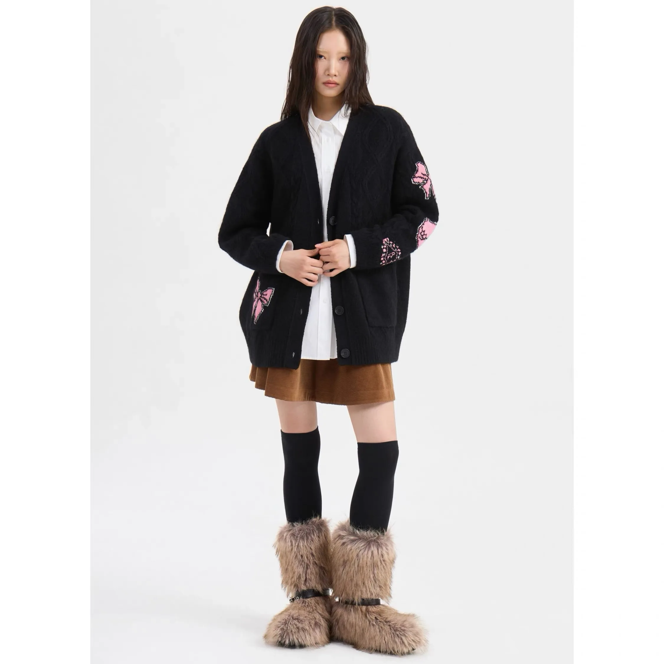 

Lemon Cheese LUC25 Winter Casual Faion V-ne Button Knot Versatile Woolen Knitted Open Cardigan Women's Knitwear