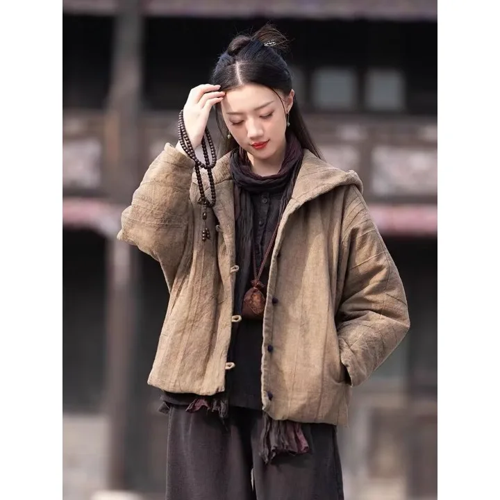 Chaqueta de Lino y Aodón ueso Teñida Corta con Capucha Estilo Chino Retro con Botones Abrigo de Invierno para Mujer Aod...