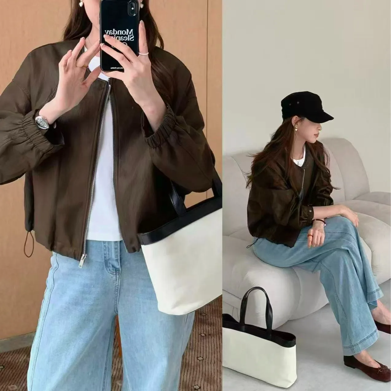 Fall Korean Style Short Coat Casual round Neck Versatile Quality Polyester Fiber Long Sleeve Zipper Closure Loose Fit Jacket
