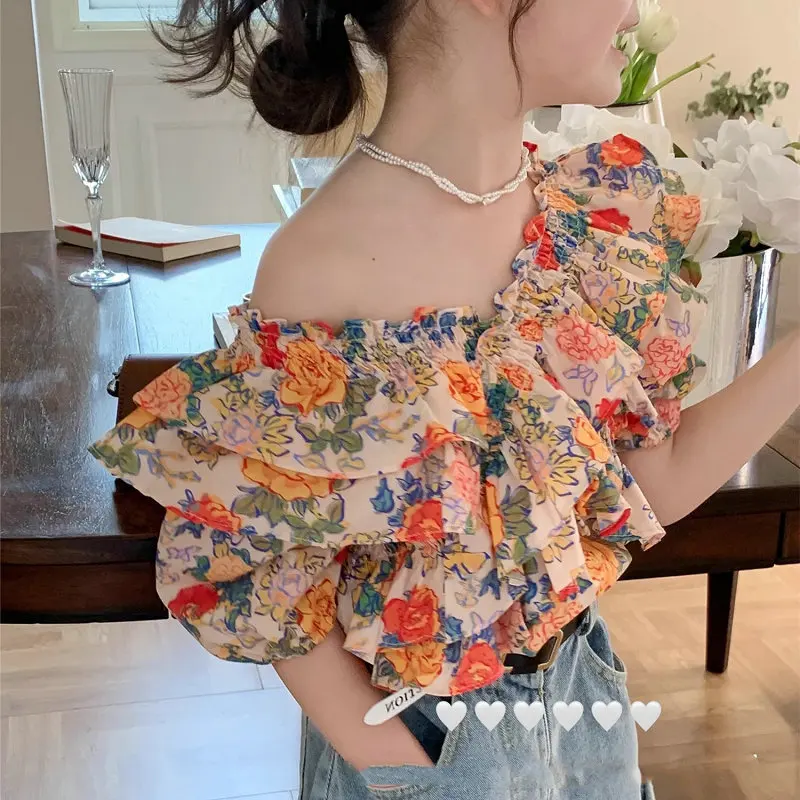 Girls' Set Floral Cross-Over 3D Top with Denim Shorts25Summer New Foreign Trade Children's Wear3-8Years Old