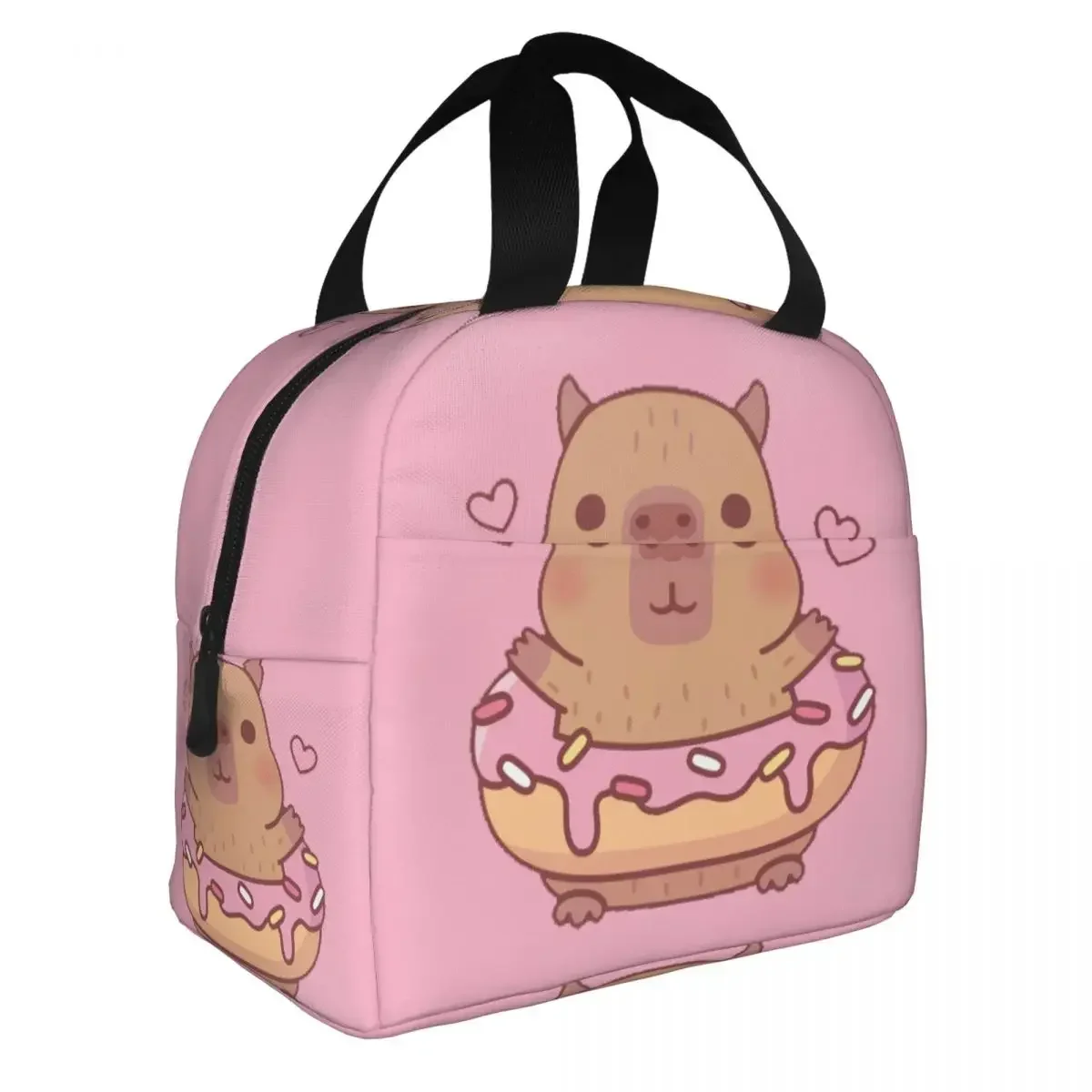 Custom Cute Capybara With Pink Frosting Donut Insulated Lunch Bag for School Office Waterproof Cooler Thermal Bento Box Women