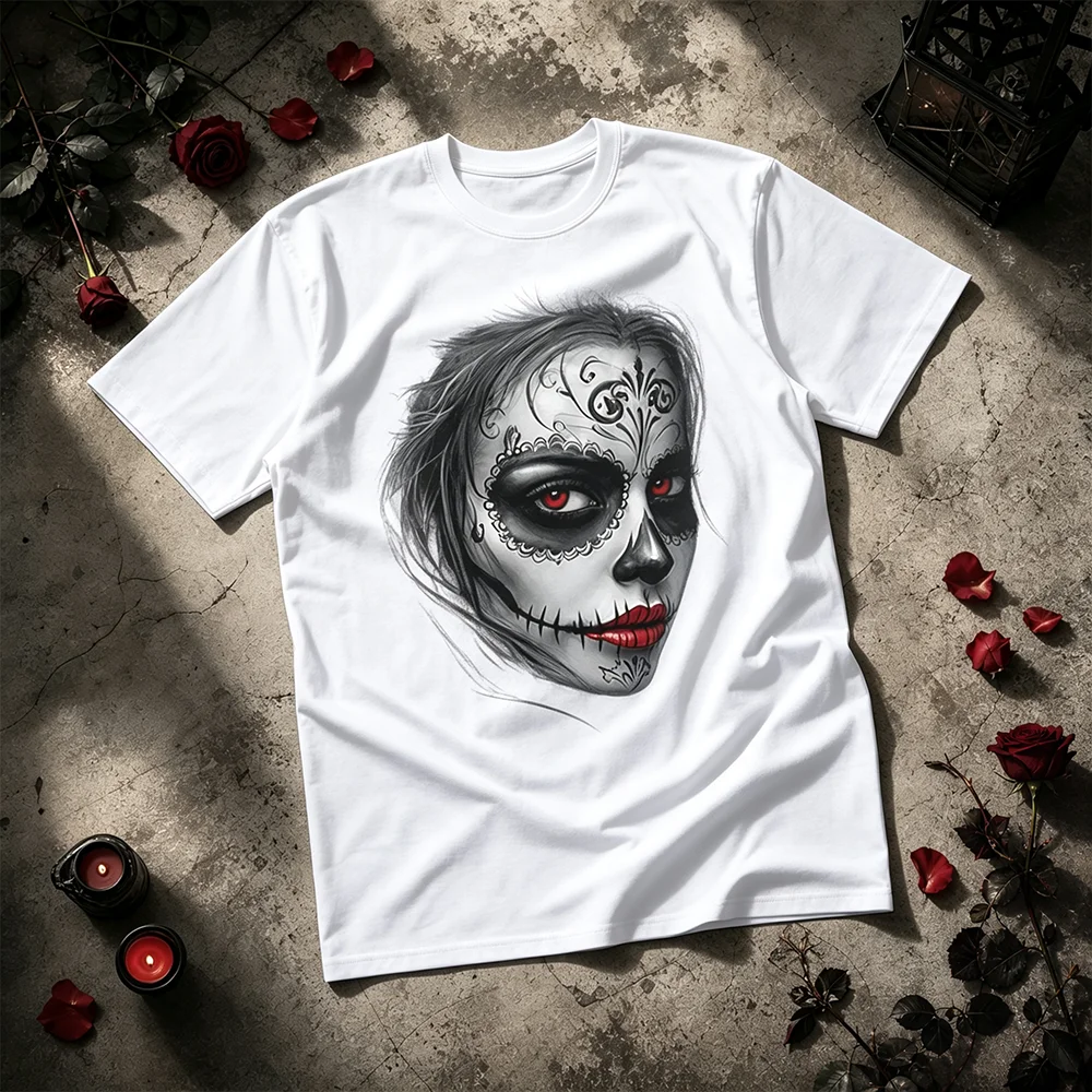 Unisex Day of the Dead Catrina T-Shirt Short Sleeve Breathable Casual Parent-Child Red Eyes Skull Gothic Top for Adults And Kids