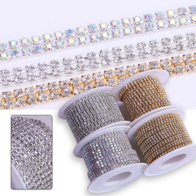 1/5yards 2rows Gold Claw Crystal Rhinestone Cup Chain Glass Cup Chain 2rows Chains Wedding Dress Decoration Trim Applique