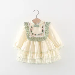 Spring and autumn girls long sleeved dresses baby girls embroidered button up stand up collar solid color lace princess skirt