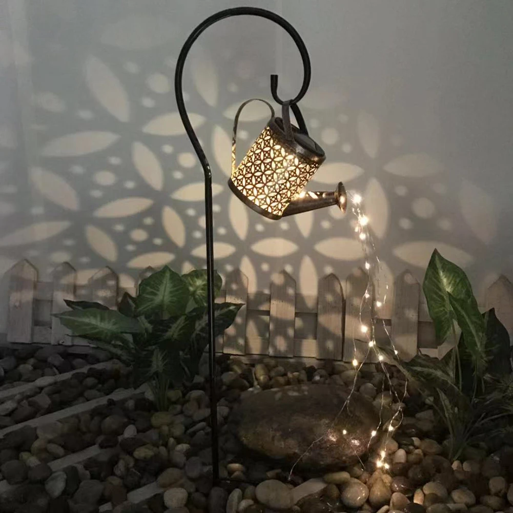 Outdoor Solar Stars Garden Art Light Gardening Watering Can String Hollow-out Iron Shower LED Lights Lamp Home Garden Decoration