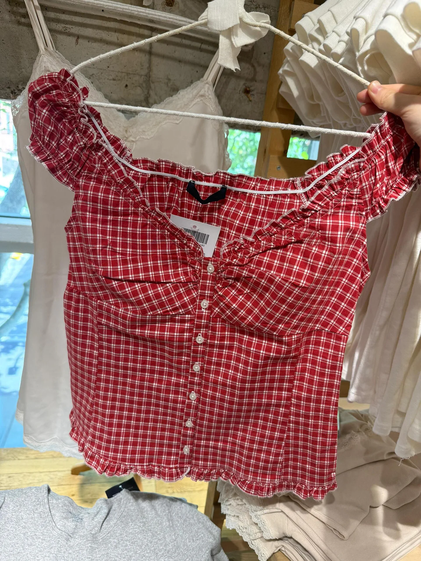 新作 レッド チェック柄 ヴィンテージ Tシャツ ブラウス レディース ラッフル Vネック シングルブレスト スリム ティー サマー カジュアル スイート コットン パフスリーブ シャツ