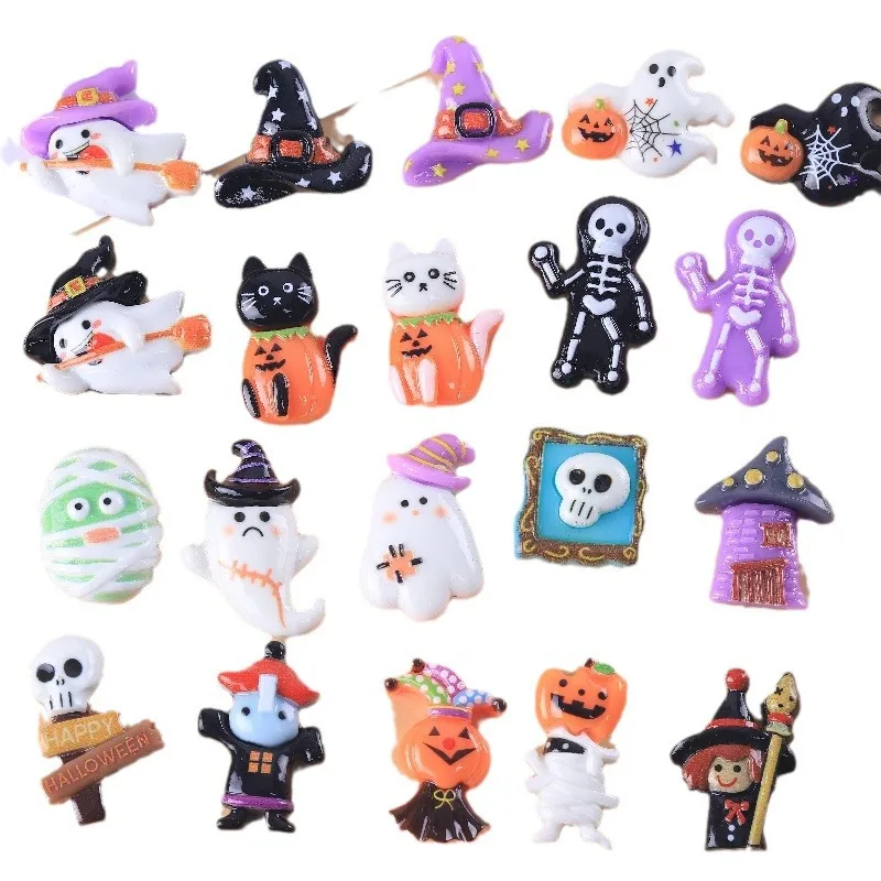 10PCS/Lot Halloween Random Mix Witch/Zombie/Ghost/Skeleton/Mummy Single-sided Resin Accessories Without Adhesive Backing