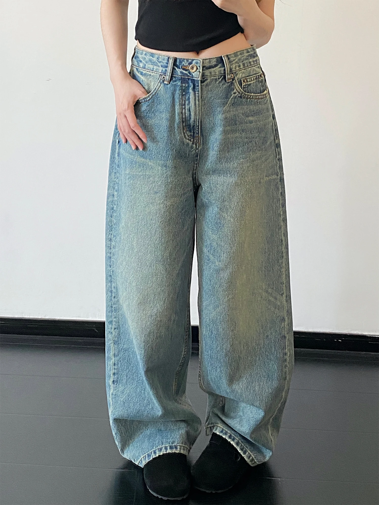 

SunYeo Vintage Washed Blue Jeans Straight Leg Loose Long Pants Casual Style Winter Collection Youth Size Natural Waist Zipper...