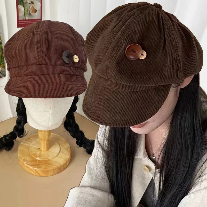 

Vintage Corduroy Beret Hat for Women Korean Double Button Octagonal Cap Autumn Winter Hats Japanese Brown Outdoor Baseball Caps