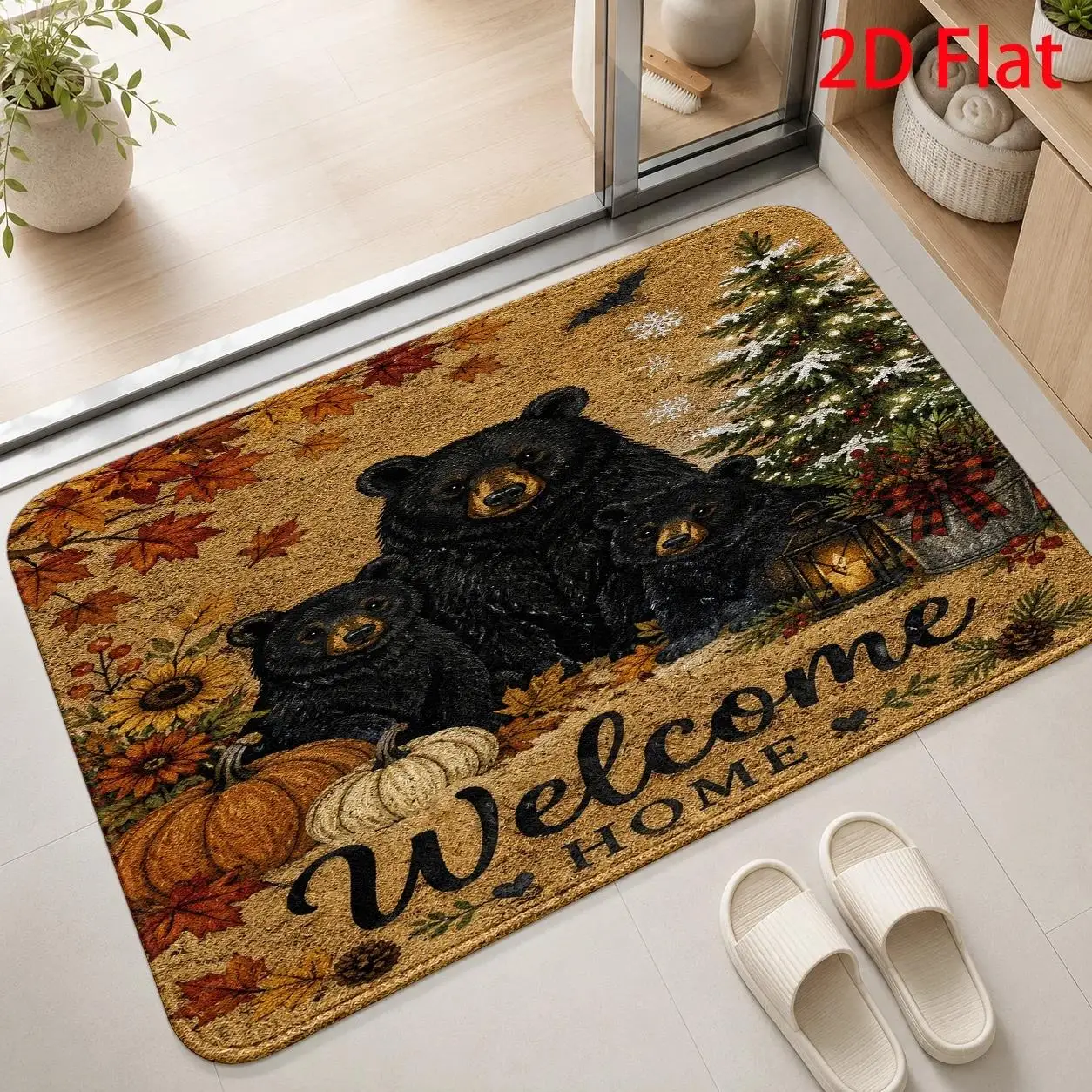 Sleeping Bear Welcome Sweet Home Mat Wood Grain Background Black Bear Resting Pose Print Outdoor Porch Mat For Cabin