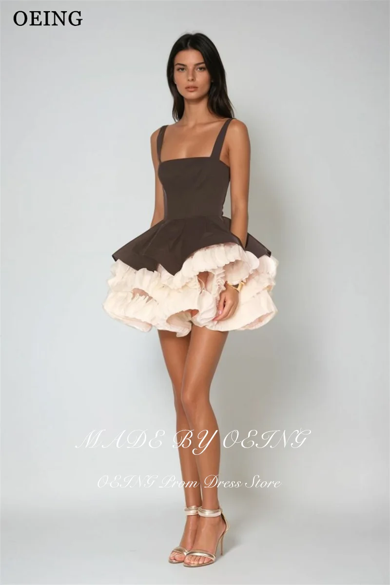 OEING Cute A-Line Prom Dresses Sleeveless Contrast Color Satin Mini Tiered Party Dresses Girl's Dress vestidos Customized