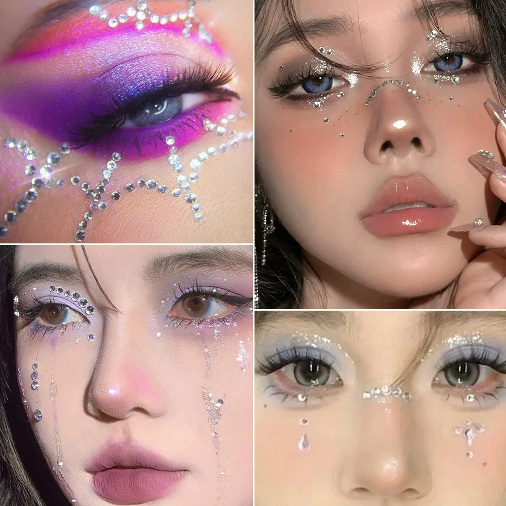 3D Clear Rhinestone Face Eye Makeup Diamond Sticker Transparent Curve Line Moon Gems Adhesive Face Decals Stage Crystal Sliders