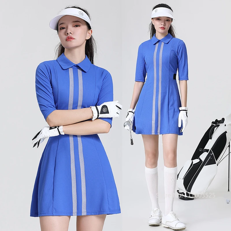 MG Golf Polo Dress Women Half Sleeves A-lined Dresses Slim High Stretch Quick Drying Stripe Skirt Lady Tennis Golf Apparel