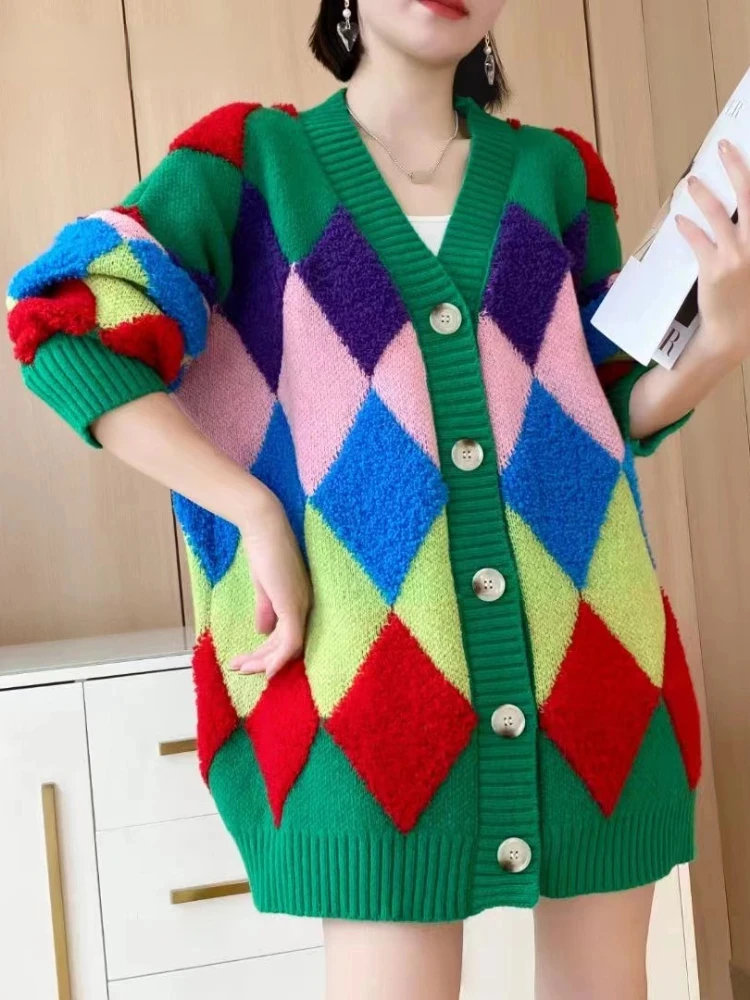 Women\'s V-Neck Knitted Cardigan, Loose Sweater, Rainbow Color, Color Blocking, Korean Fashion, Casual, Spring, Autumn, New