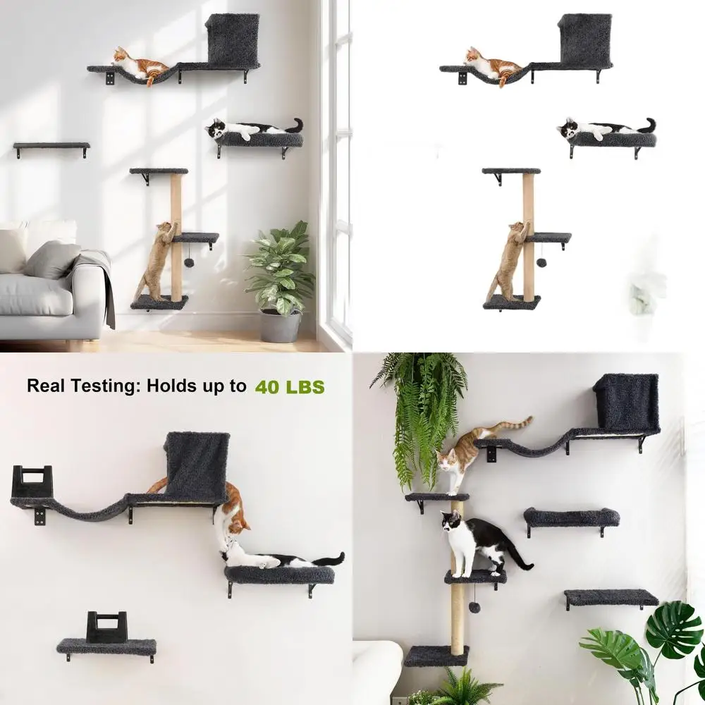 

Gray 4-in-1 Wooden Cat Wall Unit with Scratching Post and Climbing Shelf for 16 Drywall