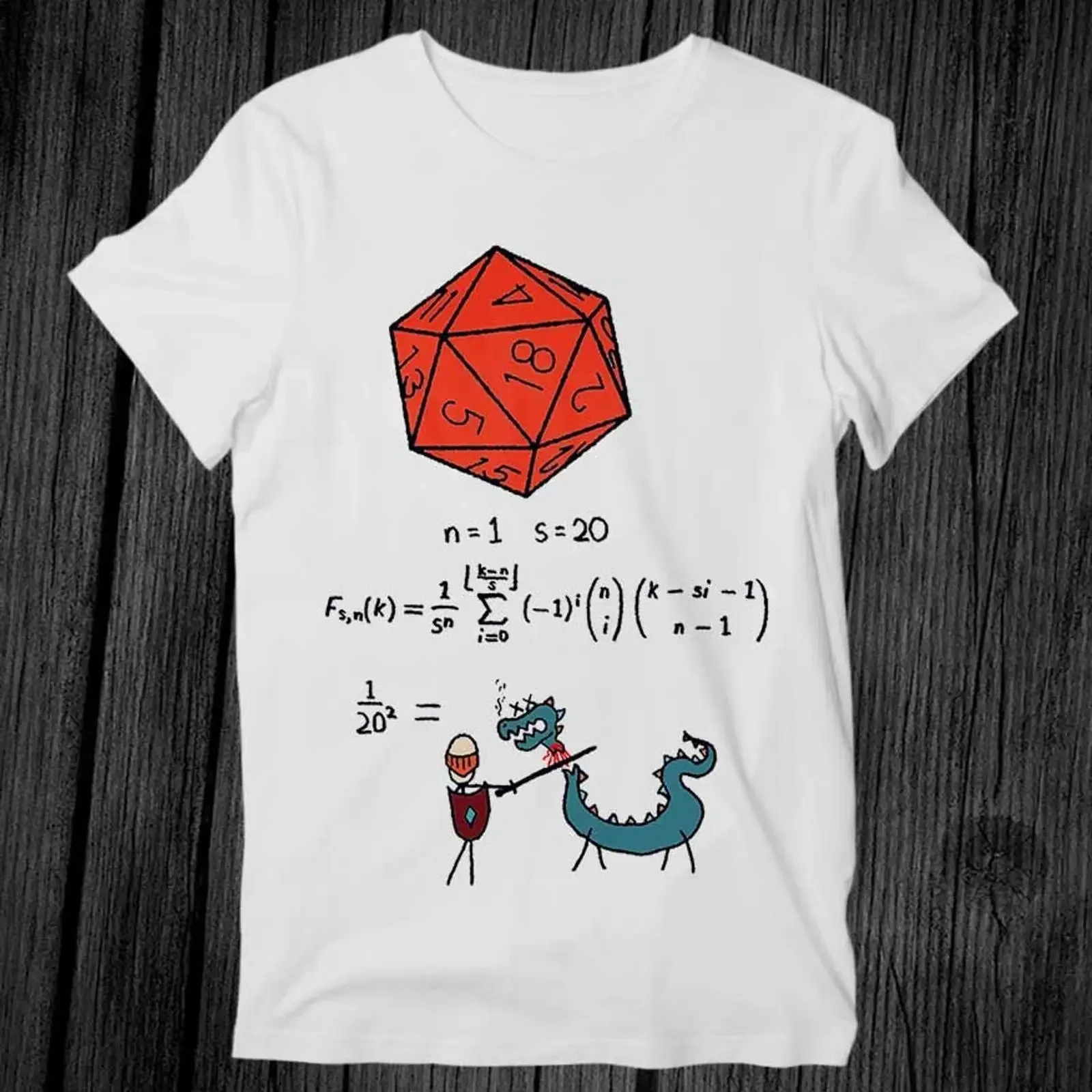 Funny D D20 Math Equation Knight Slay Dragon T Shirt Geek Tabletop RPG Game Nerd Casual  for DnD Lover vintage Washed
