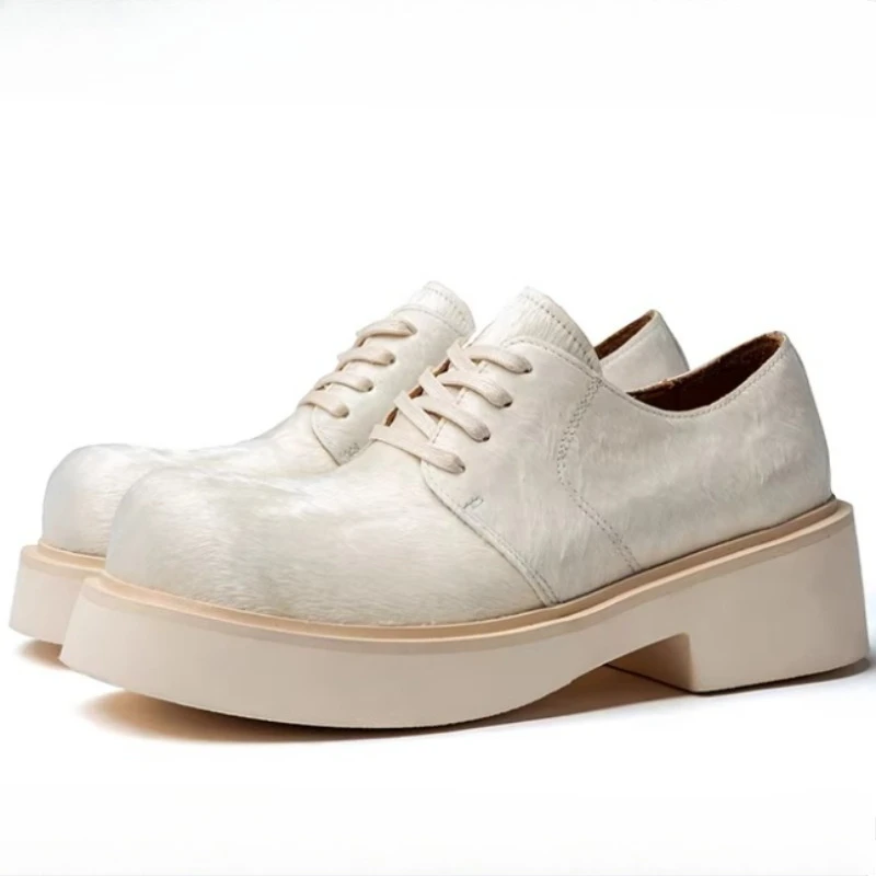 British Retro White Wide Version Dress Shoes for Men's Horsehair Leather Derby Shoes Fashion Thick Soled Height Increasing Shoes