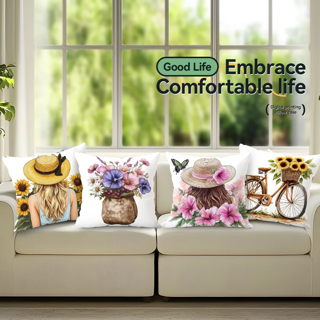 

4 шт., наволочка с односторонним принтом в виде цветка на велосипеде для девочек, подходит для гостиной, спальни, украшения автомобиля