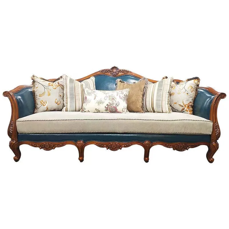 Sofa z litego drewna, sofa skórzana artystyczna, sofa trzyosobowa w stylu europejskim, rzeźbiona sofa do salonu, fotel wypoczynkowy z tkaniny.