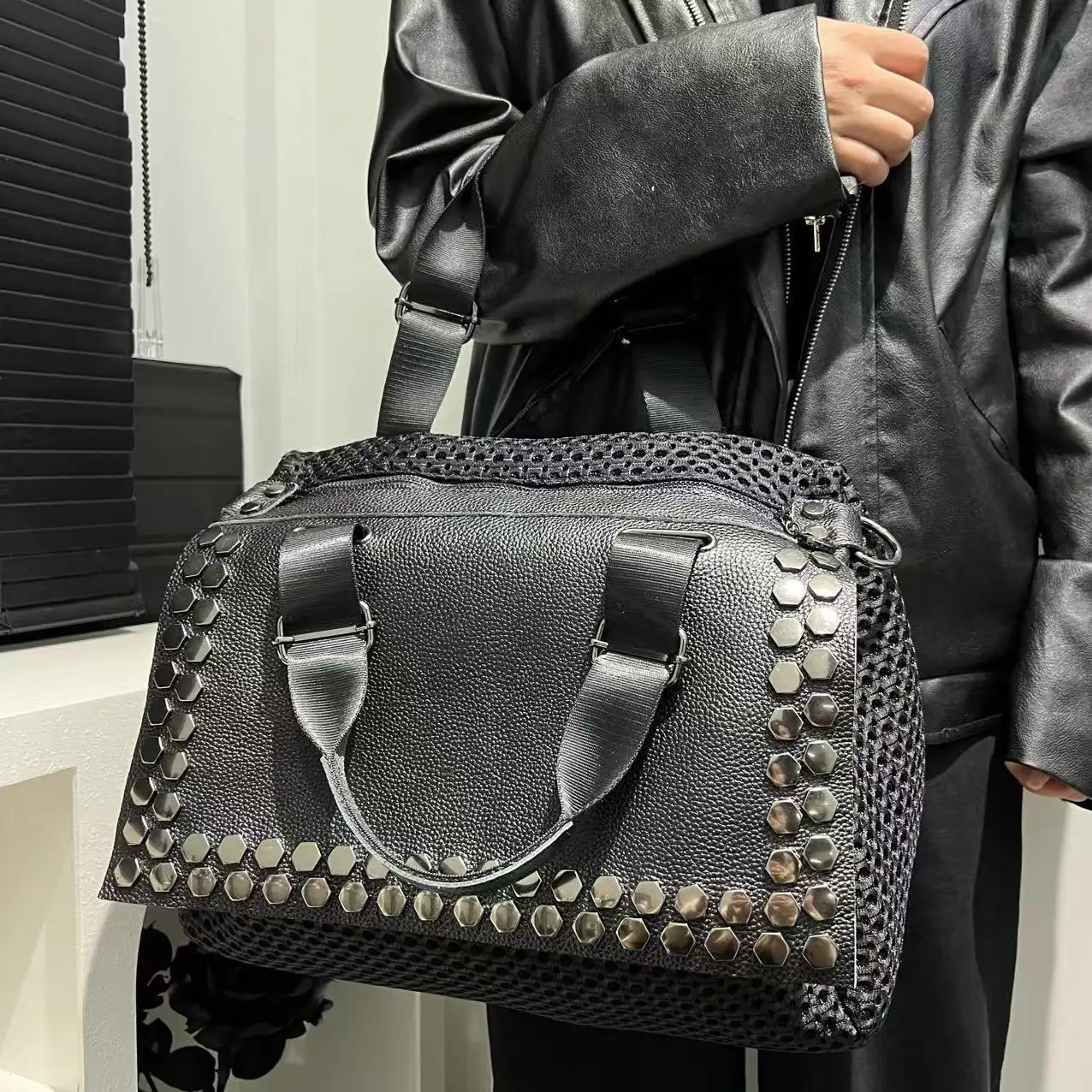 Ladies' Fashion Nylon Mesh Splicing Handbag Large Capacity Personalized Double sided Available Shoulder Bag