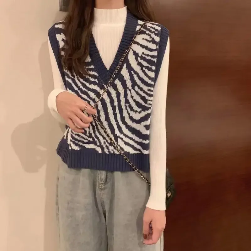 Chaleco de punto con estampado de cebra para mujer, suéter sin mangas con cuello en V, prendas de vestir exteriores a la moda, chaleco suelto para primavera, Otoño e Invierno