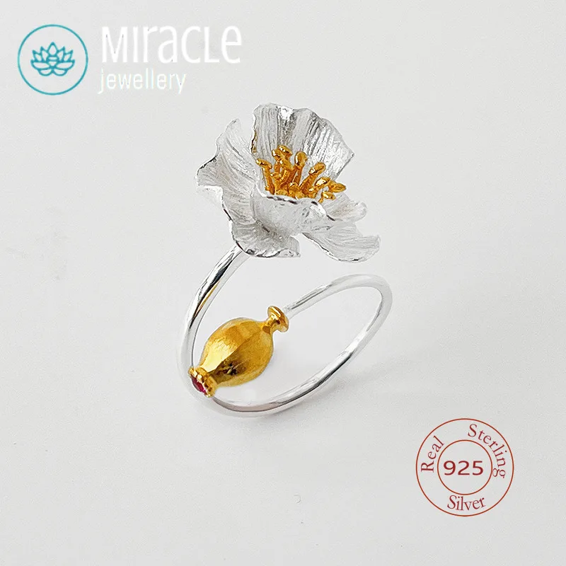 

Miracle, стерлинговое серебро 925, оригинальный дизайн, жизнь, как летние цветы, ниша, художественный мак, женское открытое кольцо с цветком