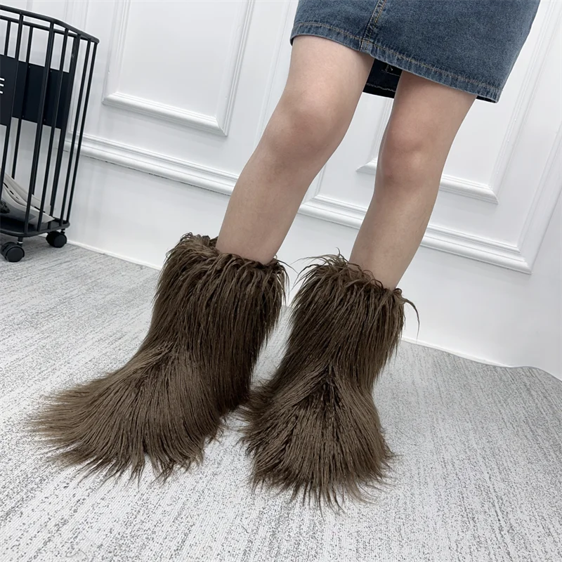 Women Winter Warm Fluffy Faux Fur Boots Luxury Designer Faux Fur Mid-Calf Boots Girl\'s Fashion Long Hair Outdoor Boots Wholesale