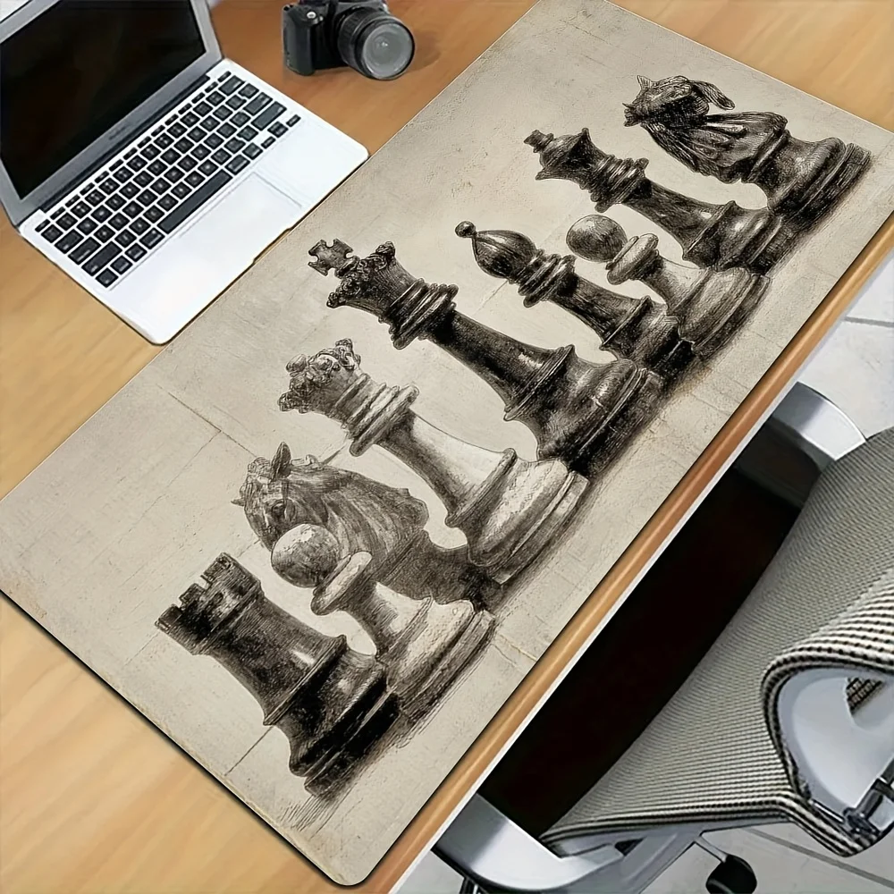 Vintage Sketch Chess Pieces Large Desk Mat, 90x40cm Extended Mouse Pad, Non-Slip for Home Office