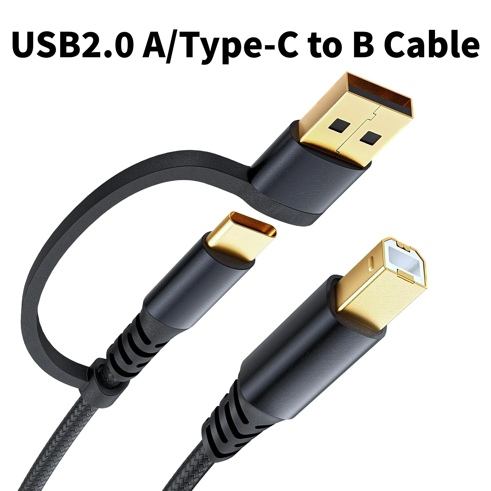 2‑in‑1 USB‑A & USB‑C to USB‑B Printer MIDI Cable Nylon Braided 480Mbps Data Cord for Laptop Canon HP Brother Epson DJ Keyboard