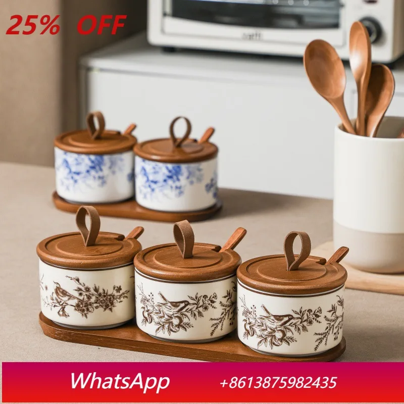 

LTT Home Kitchen Salt Pot Set Chili Pot Ceramic Seasoning Pot