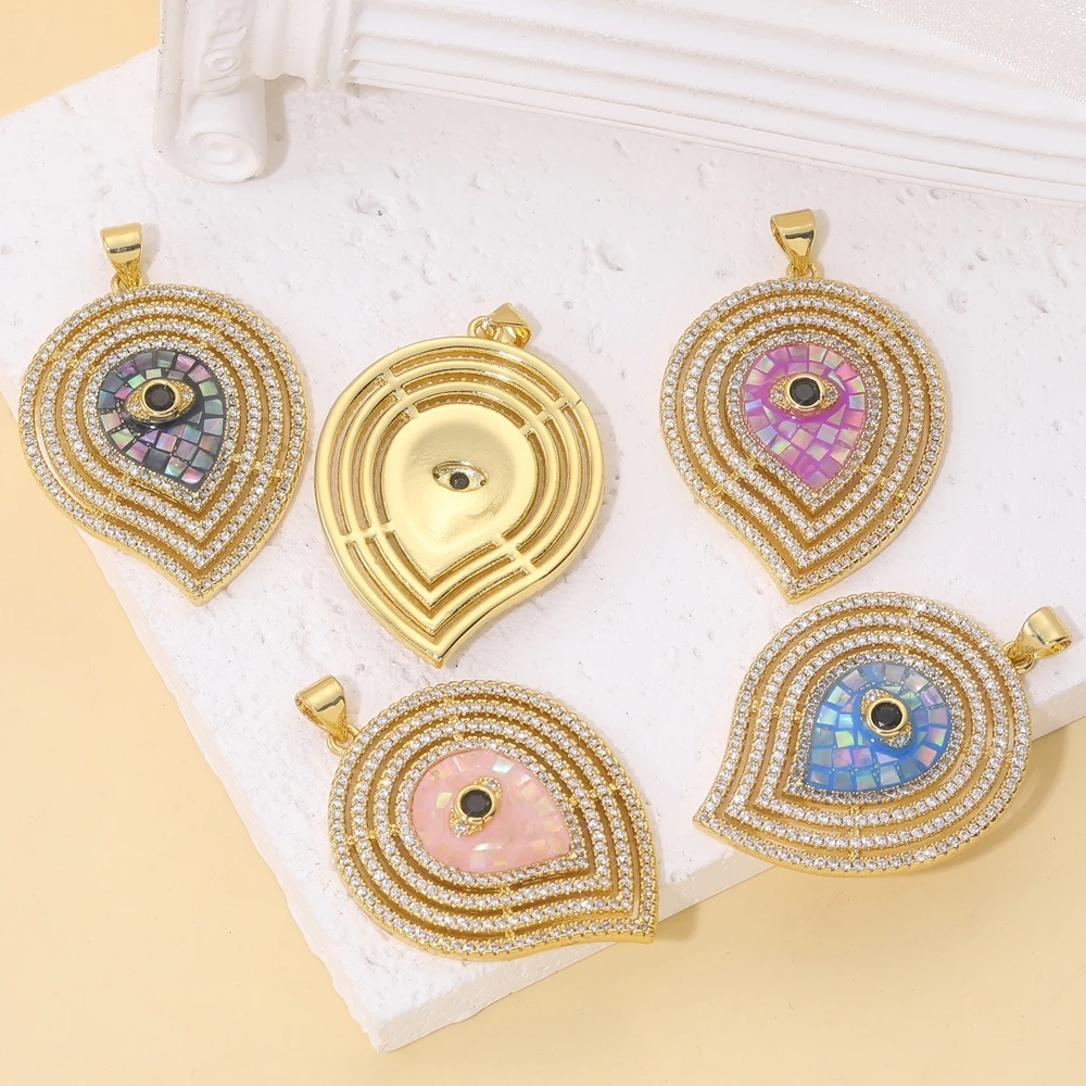 Juya 18K vergoldete Luxus-Anhänger mit Regenbogen-Zirkonia, Stern, Libelle, Baum des Lebens, Biene, Liebesherz, rundem griechischem Bösen-Auge-Charm – Detail 6