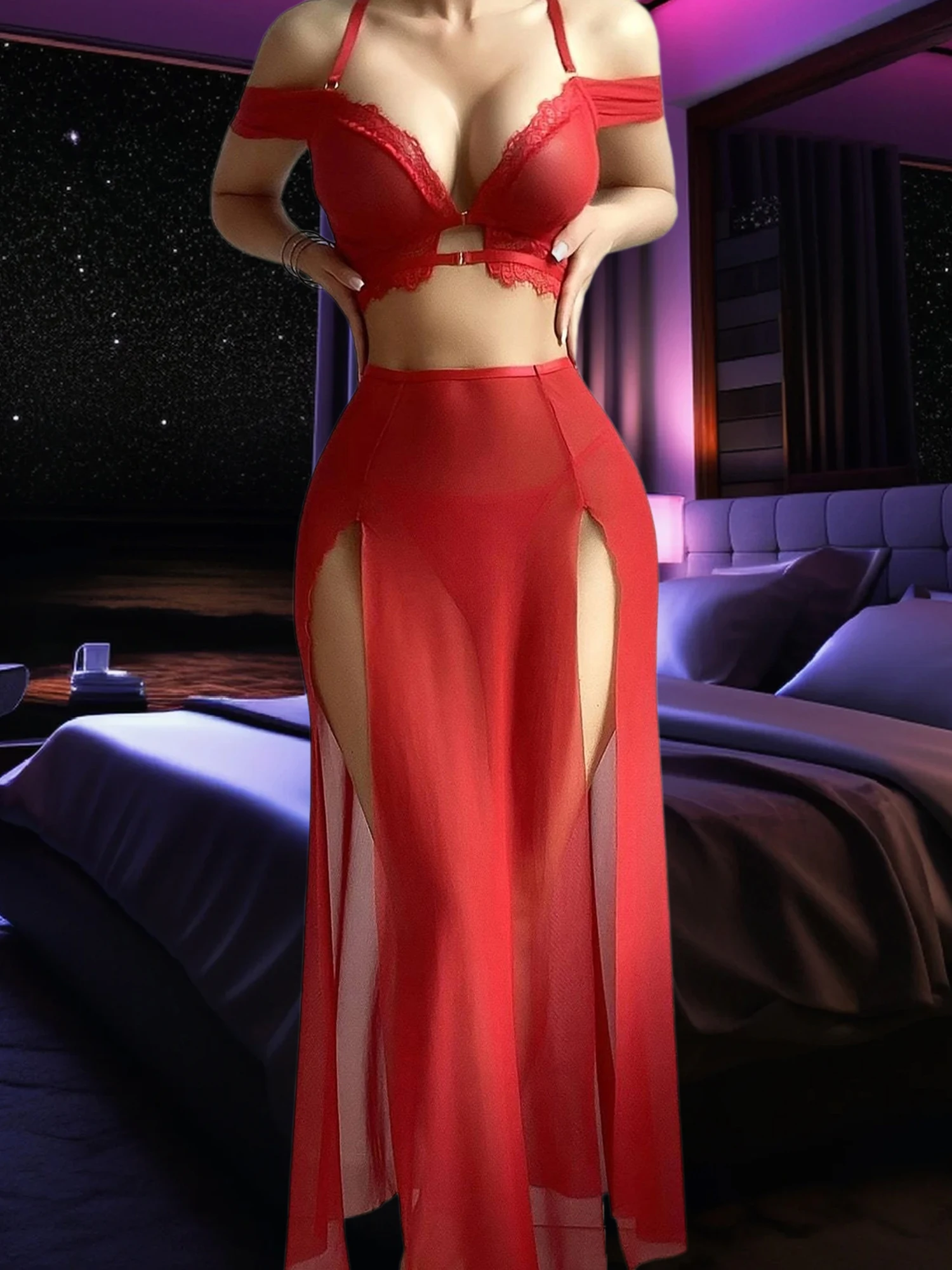 

Соблазнительный кружевной топ с лямкой на шее и стринги с прозрачной юбкой с разрезом — женское эротическое белье для озорной ночи