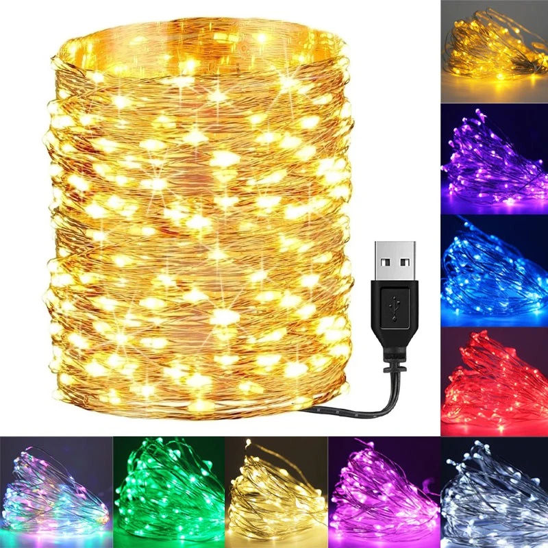 LED Fairy Lights para Decorações de Natal, USB, Fio de Cobre, Luz para Casamento, Guirlanda, Festa, Cortina de Luz, 1m, 3m, 5m