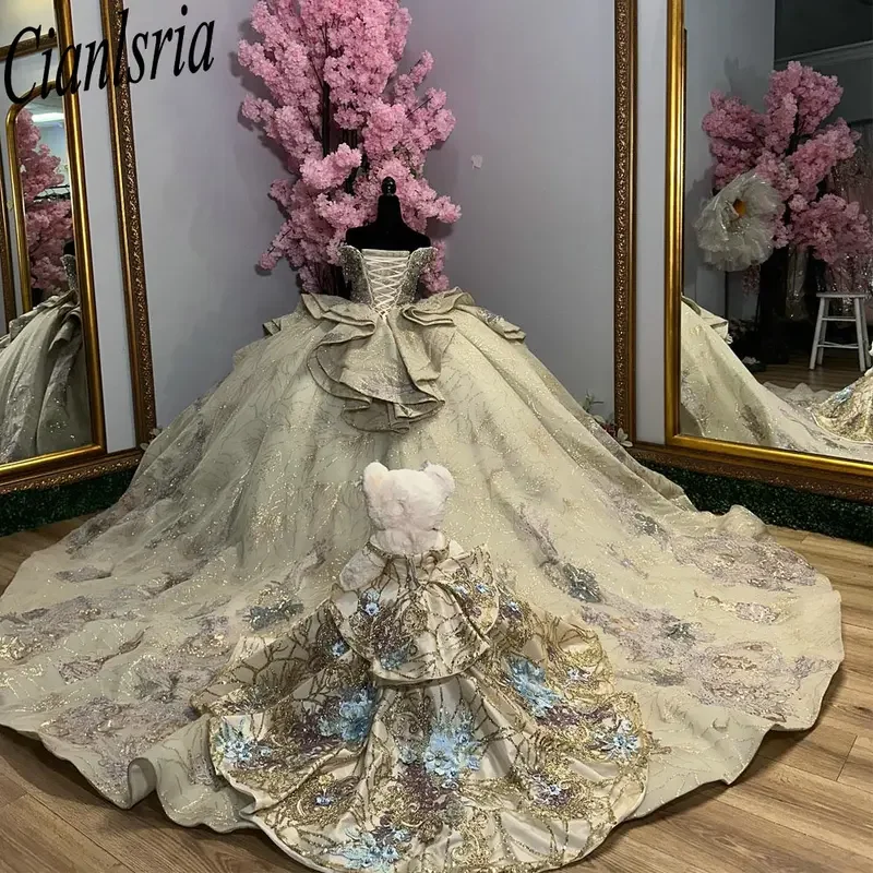 فساتين Quinceanera مطرزة باللون الذهبي اللامع والكشكشة والكريستال فستان حفلة قبالة الكتف مطرز بالخرز فساتين مخصصة من XV Anos #2