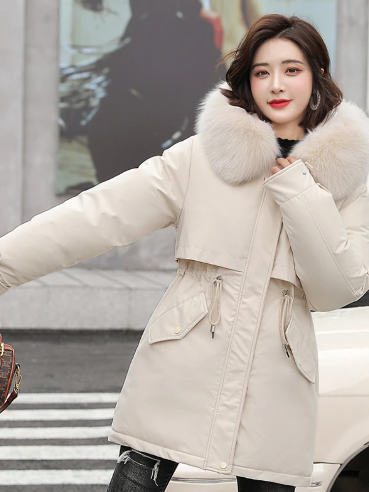 Parka à capuche avec col en fourrure pour femme, manteau long, veste mince, doublure en laine, vêtements de neige chauds, vêtements rembourrés, mode, hiver, nouveau, 2025