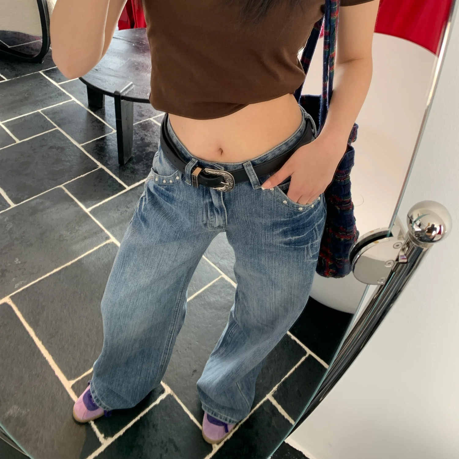 

Spring/summer American retro washed blue women's high waisted straight leg jeans casual versatile autumn pants