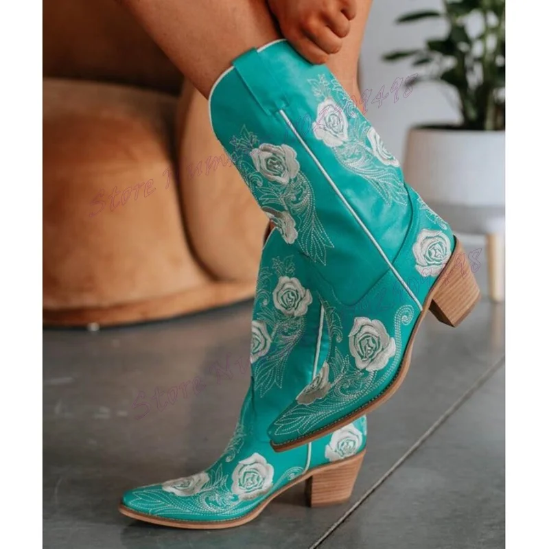 

Blue Flower Embroidery Mid Calf Boots Pointed Toe Shoes for Women Chunky Heels Cowboy New Style Shoes 2024 Zapatos Para Mujere