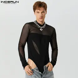 Sexy New Men Rompers Fashion Splicing See-through Mesh Bodysuit Fashion Male Solid Thin Long Sleeve Jumpsuits S-5XL INCERUN 2023