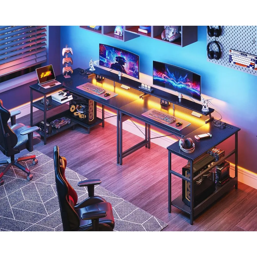 

48 Inch Gaming Desk w/ USB Charging Ports and LED Lights,Reversible L Shaped Computer Desks,Corner Gamer Desk Table with Powe