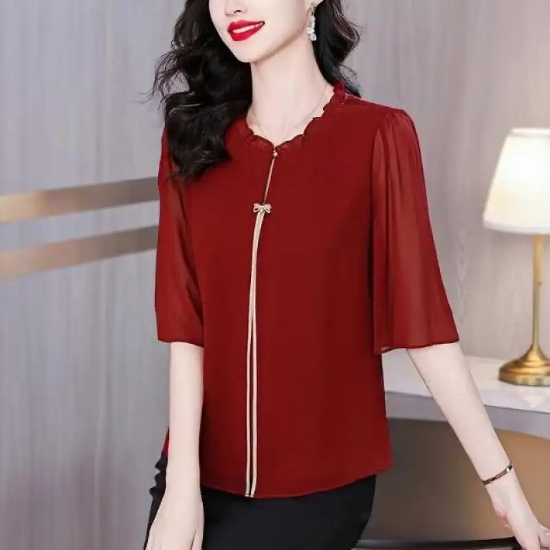 

Chiffon Women's Shirt Summer Vintage Blouses Loose Women Tops Ruffles O-necks Split chiffon top Fashion Clothing