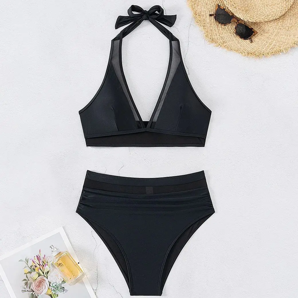 Women\'s Side Mesh Swimwear Sexy Tummy Control Bathing Suits Swimsuit Adjustable Straps Bikini Set Push Up Beach Suit