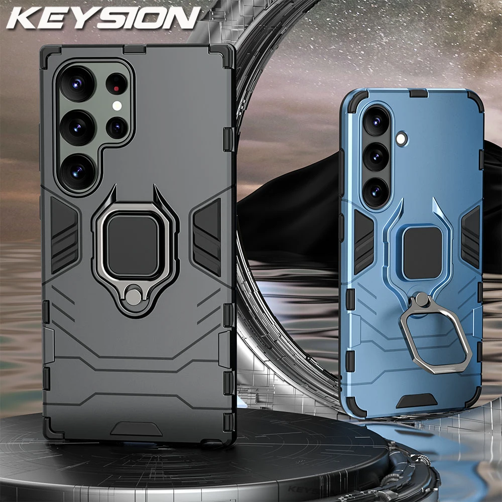 KEYSION Shockproof Armor Case for Samsung S24 Ultra 5G S24+ Plus Silicone+PC Ring Stand Phone Cover for Galaxy S23 S22 S21 Ultra