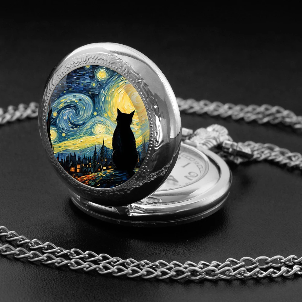 Famous Painting Cat Vintage Quartz Pocket Watch Women Men Glass Dome Necklace Unique Pendant Silver Clock Watch Gift Accessories